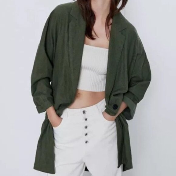 Zara Longline Oversized Linen Blend Olive Blazer Jacker xs - Picture 12 of 13